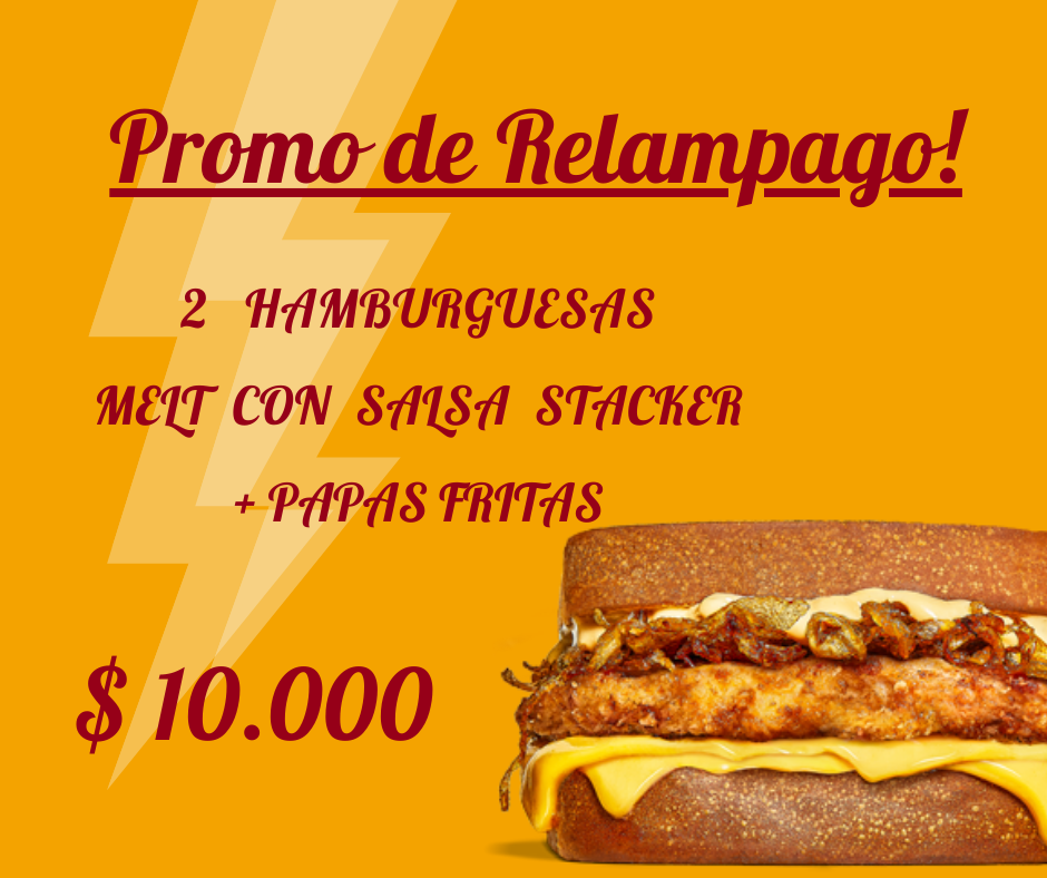 promocion de 2 hamburguesas Melt con Salsa Stacker + fritas 10000 pesos