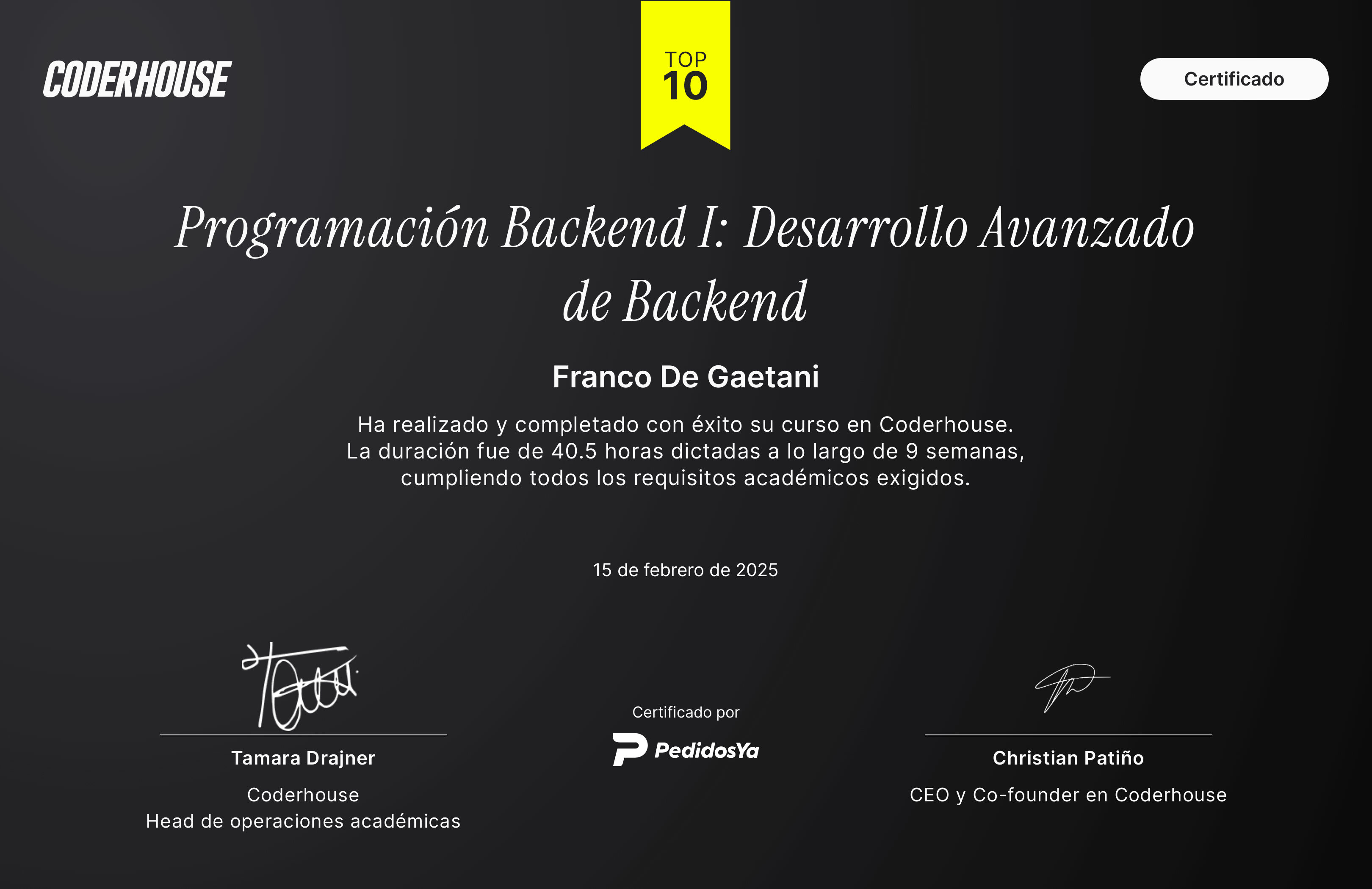Certificado de Desarrollo avanzado de Backend cursado en Codehouse de Franco De Gaetani