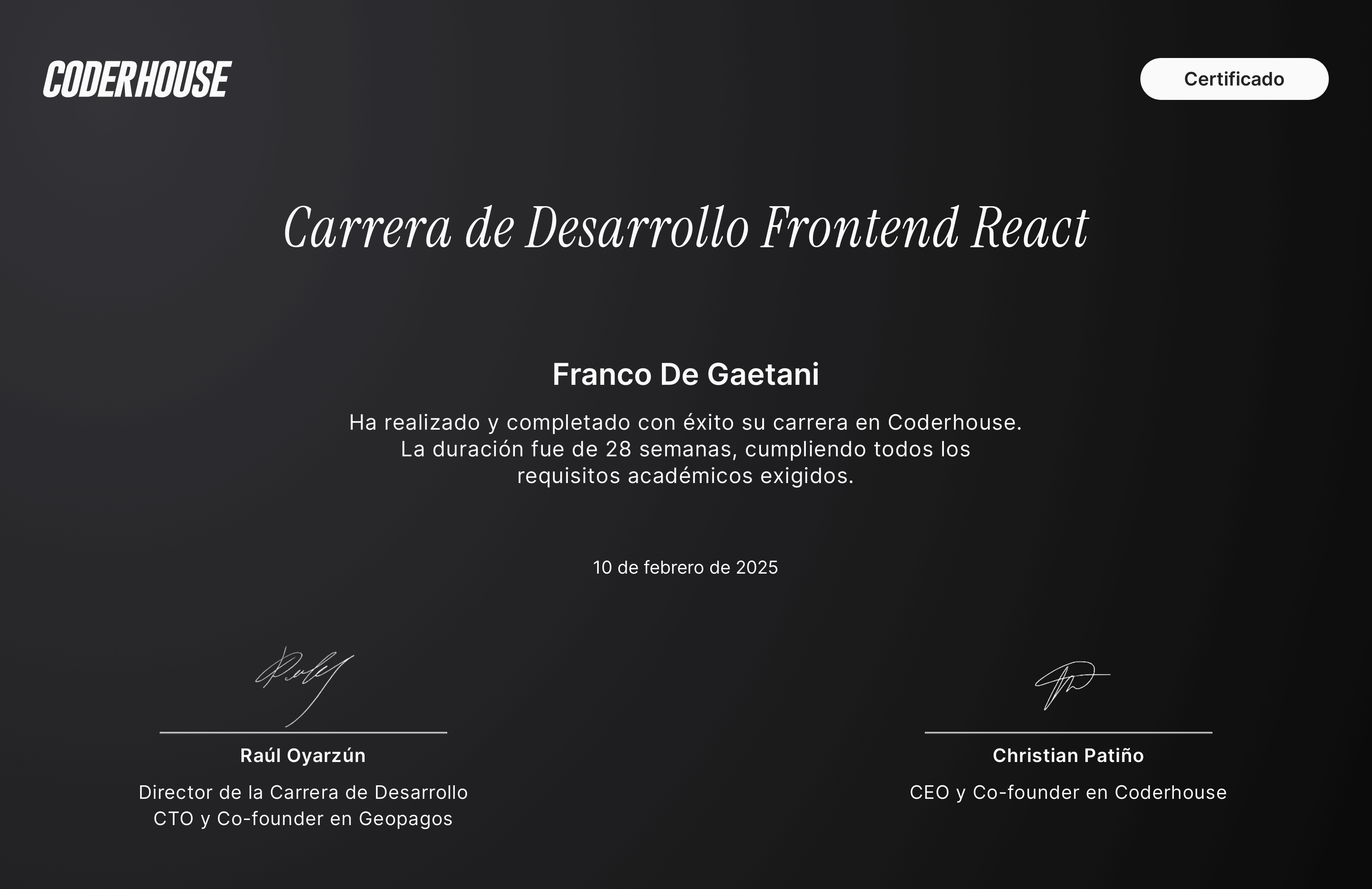 Certificado de Carrera de desarrollo Frontend React cursado en Codehouse de Franco De Gaetani