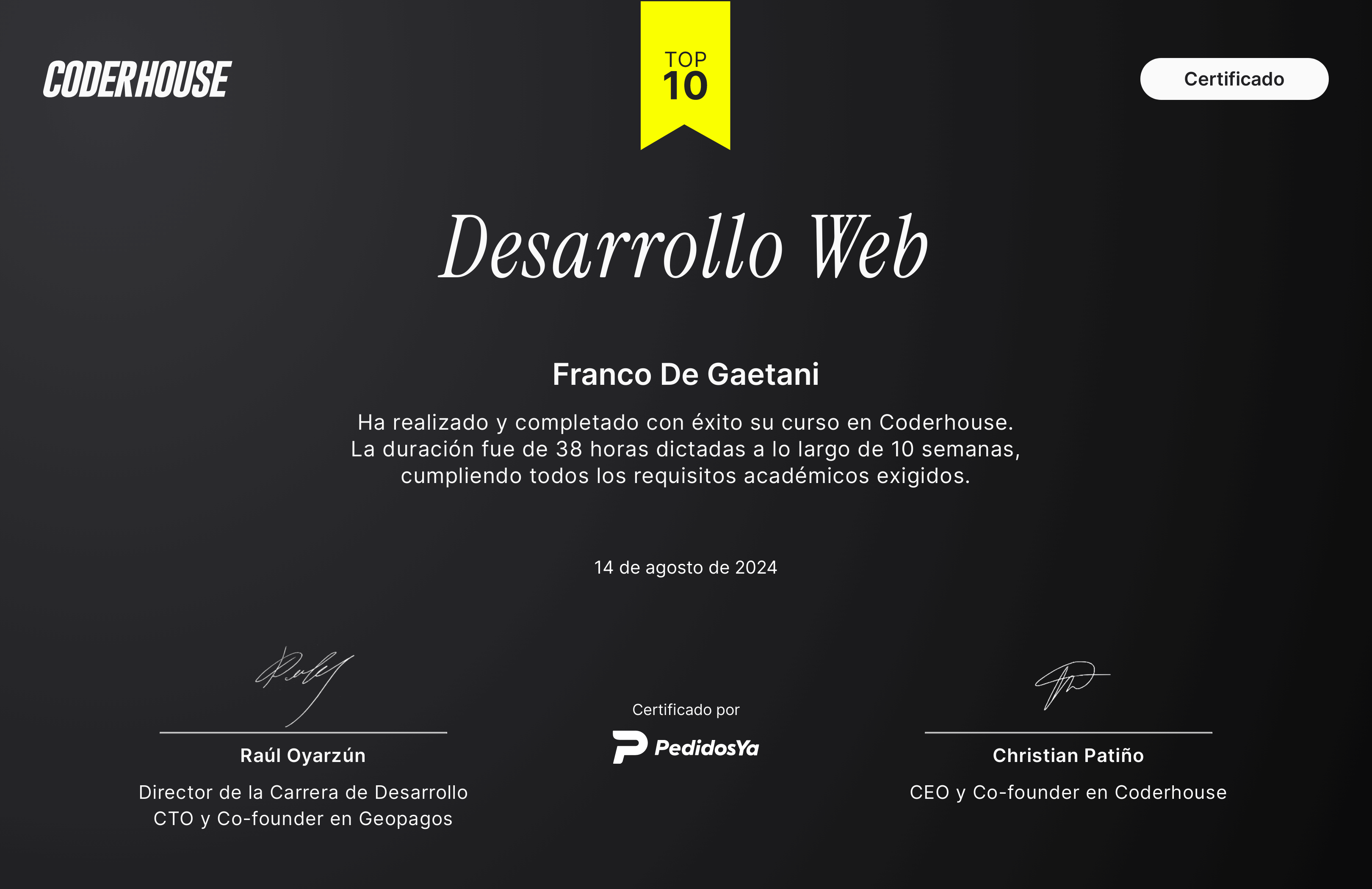 Certificado de Desarrollo Web de Codehouse cursado en Franco De Gaetani