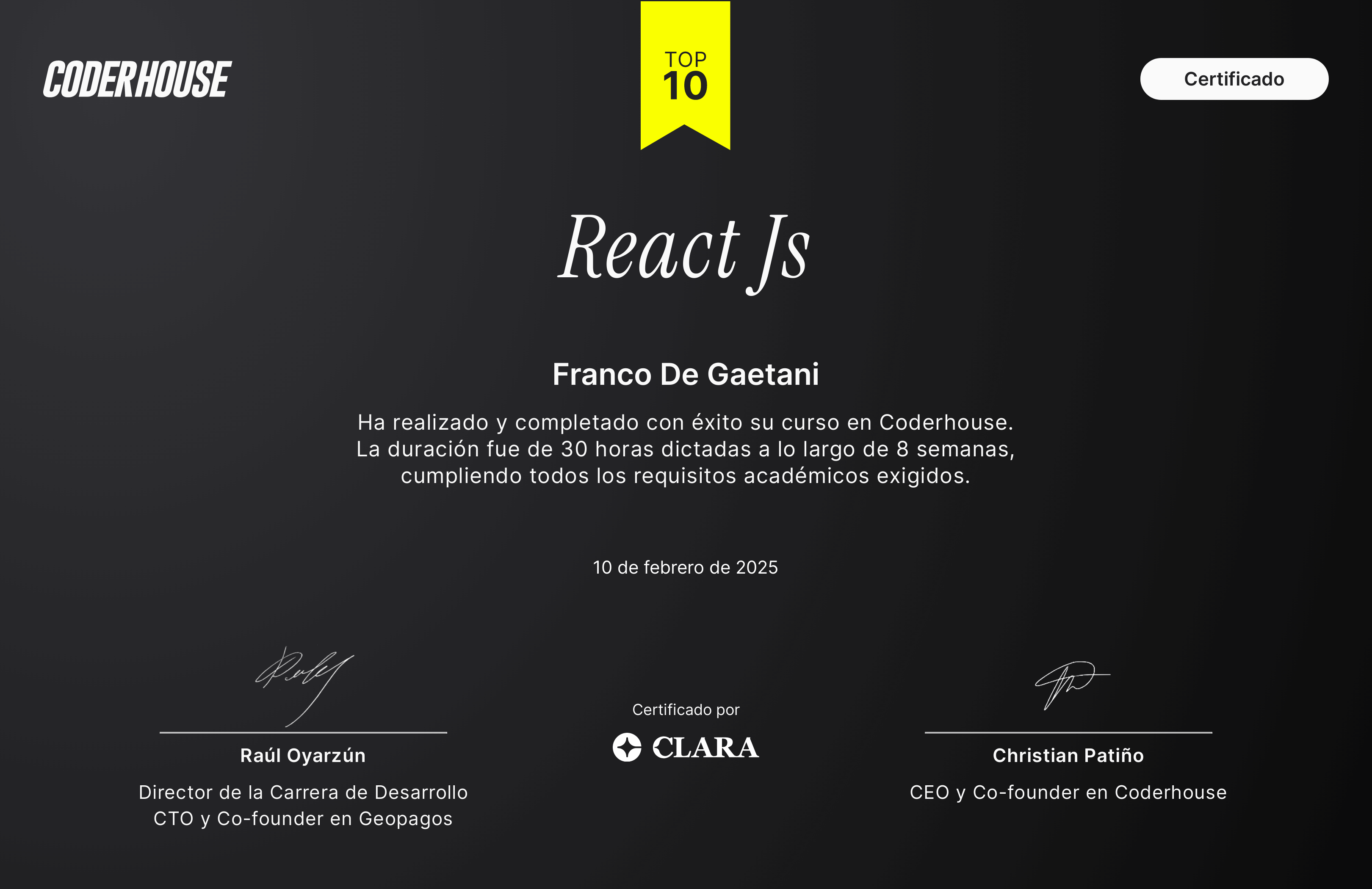 Certificado de ReactJs cursado en Codehouse de Franco De Gaetani